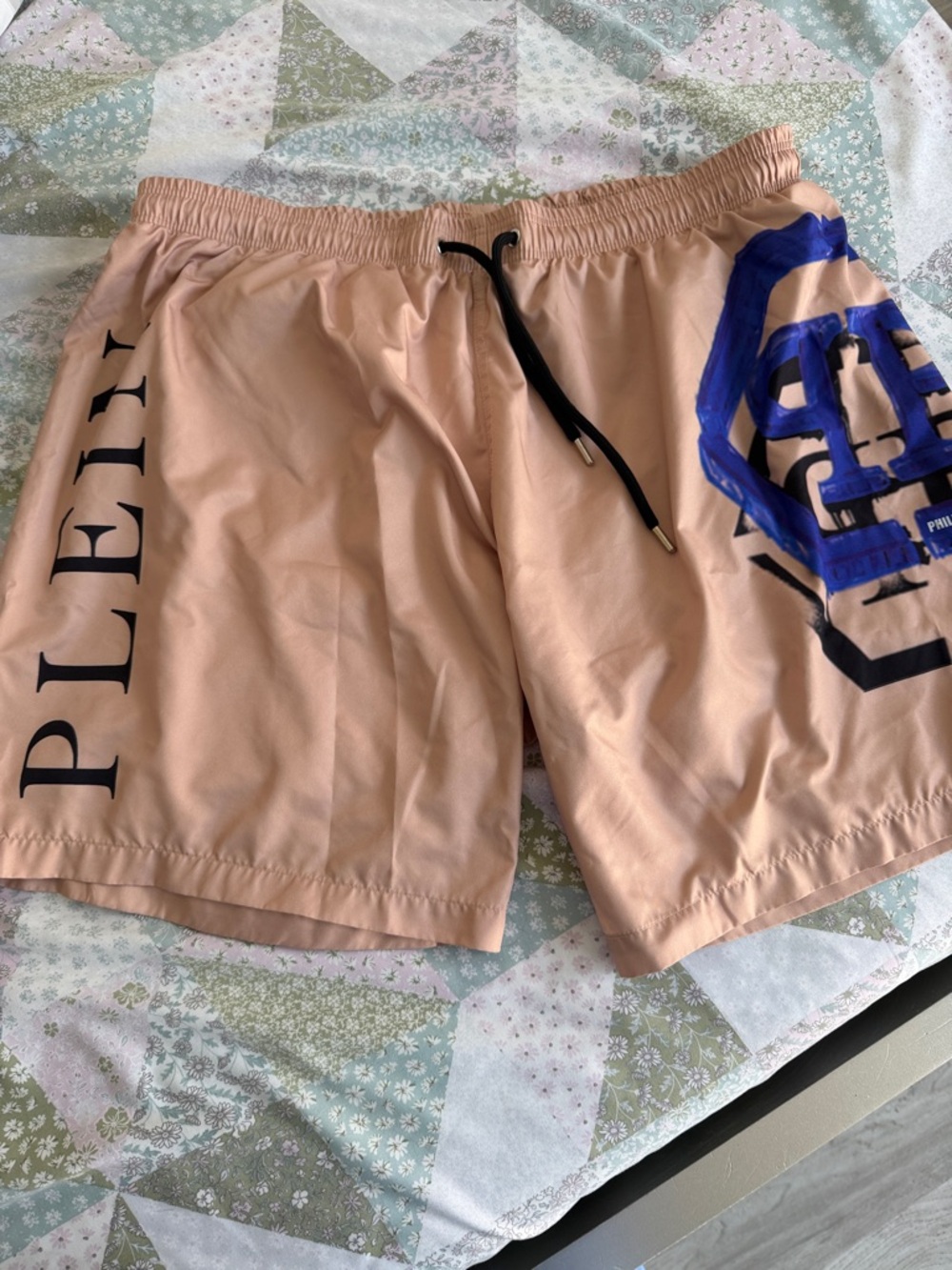 Philipp Plein Peach Swim Shorts with Blue Logo and Black Accents